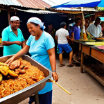 "A vibrant food market scene in Belize, showcasing a stall with steaming rice and beans, grilled chicken skewers marinated in lime and spices, and fried plantains. Capture the bustling atmosphere with locals and tourists sampling the dishes. Focus on the rich colors and textures of the food and the lively expressions of the people."
