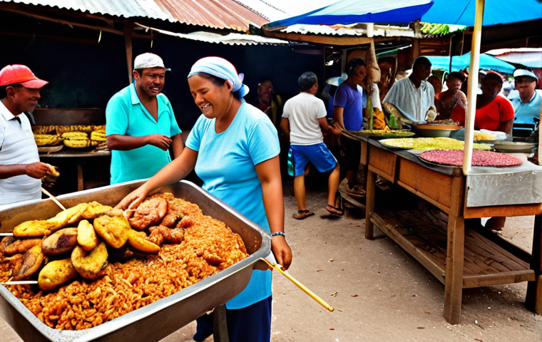 "A vibrant food market scene in Belize, showcasing a stall with steaming rice and beans, grilled chicken skewers marinated in lime and spices, and fried plantains. Capture the bustling atmosphere with locals and tourists sampling the dishes. Focus on the rich colors and textures of the food and the lively expressions of the people."