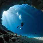 **A diver silhouetted against the opening of the Great Blue Hole, illuminated by shafts of sunlight penetrating the deep blue water. Focus on the sense of scale and the mystery of the underwater cave system.**