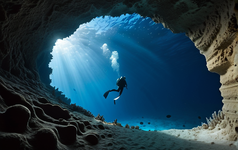 **A diver silhouetted against the opening of the Great Blue Hole, illuminated by shafts of sunlight penetrating the deep blue water. Focus on the sense of scale and the mystery of the underwater cave system.**