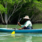 Manatee Encounter**

"A kayaker, fully clothed in appropriate outdoor gear, paddles through the calm waters of Sittee River Lagoon, Belize. A gentle manatee swims nearby, visible in the clear water. Lush mangrove trees line the banks. Safe for work, appropriate content, professional photography, perfect anatomy, natural proportions, family-friendly, fully clothed."

**