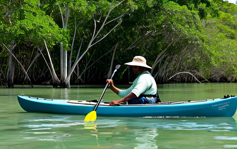 Manatee Encounter**
"A kayaker, fully clothed in appropriate outdoor gear, paddles through the calm waters of Sittee River Lagoon, Belize. A gentle manatee swims nearby, visible in the clear water. Lush mangrove trees line the banks. Safe for work, appropriate content, professional photography, perfect anatomy, natural proportions, family-friendly, fully clothed."
**